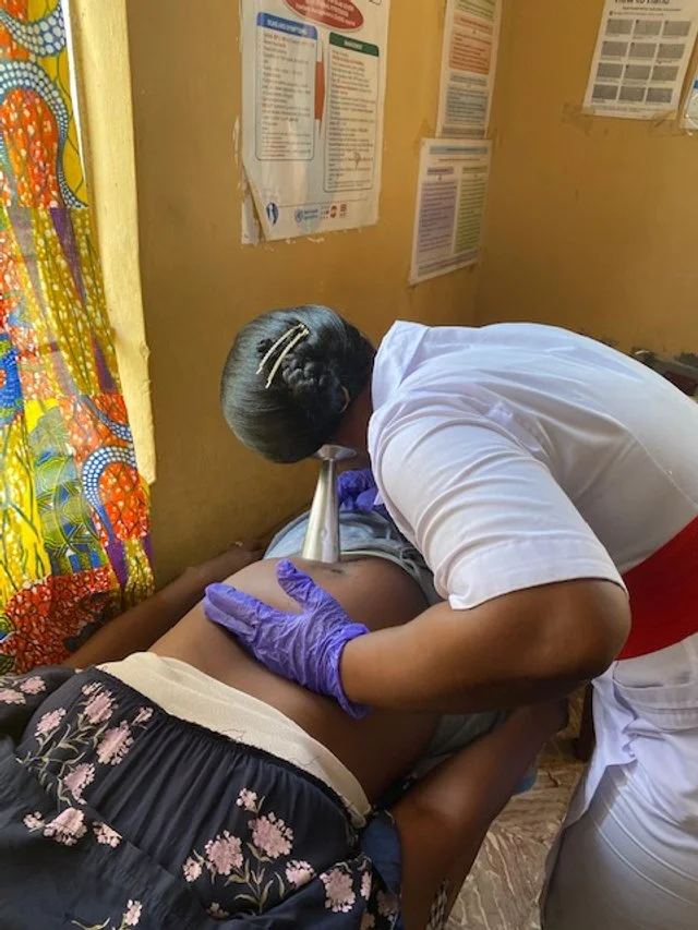 A health worker in gloves examining a pregnant woman in a clinic room