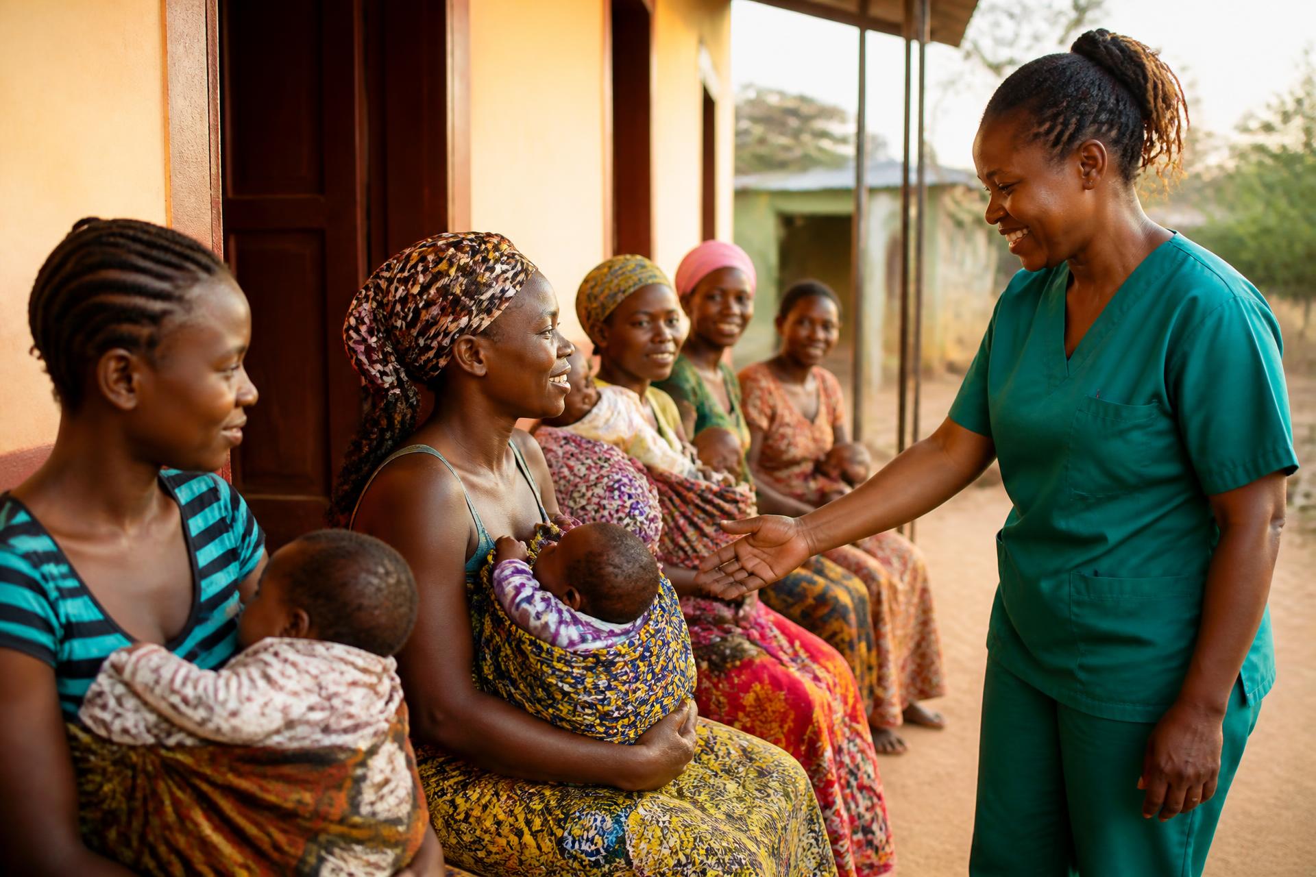 Mothers with their babies waiting to be seen by a nurse outside a rural health centre in Sierra Leone