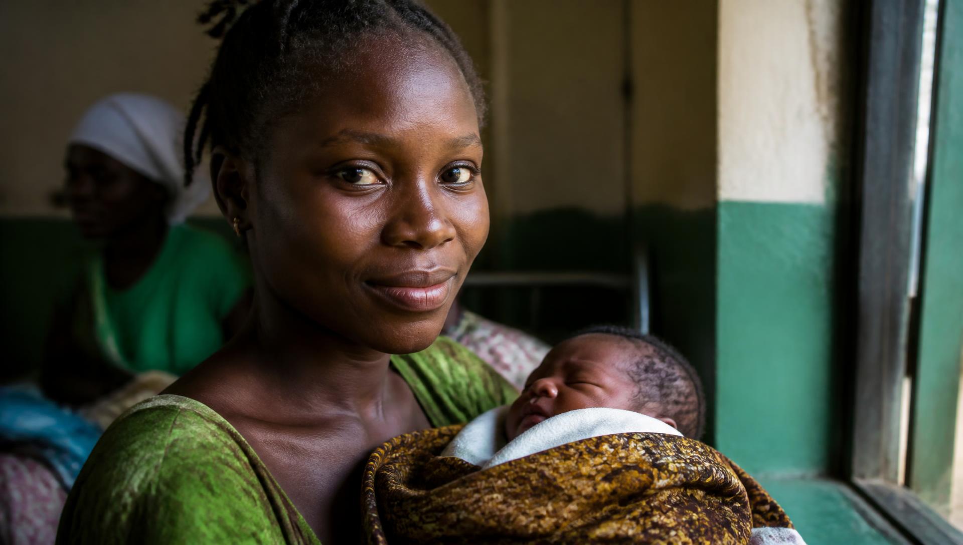 A mother holding her newborn baby in a rural Sierra Leonean health facility