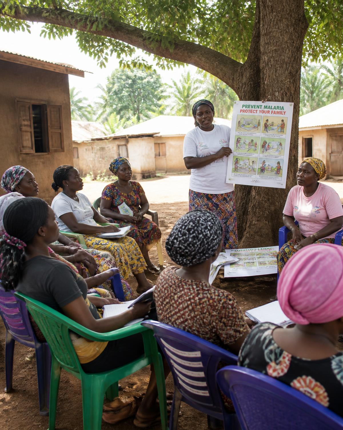 A community health worker leading a group education session in a Sierra Leonean village